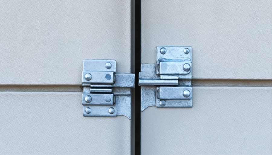 Detailed view of reinforced door frame corners and security hardware mounting