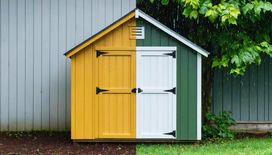 "Garden shed split into two sections, showing the stark contrast between untreated, weather-damaged wood and well-preserved vibrant wood, illustrating the importance of using wood preservatives for protection."