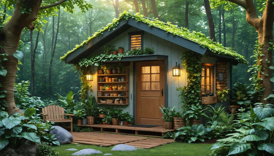 A cozy shed nestled in a lush green environment, with visual cues of wool, hemp, and denim insulation, symbolizing warmth and energy efficiency.