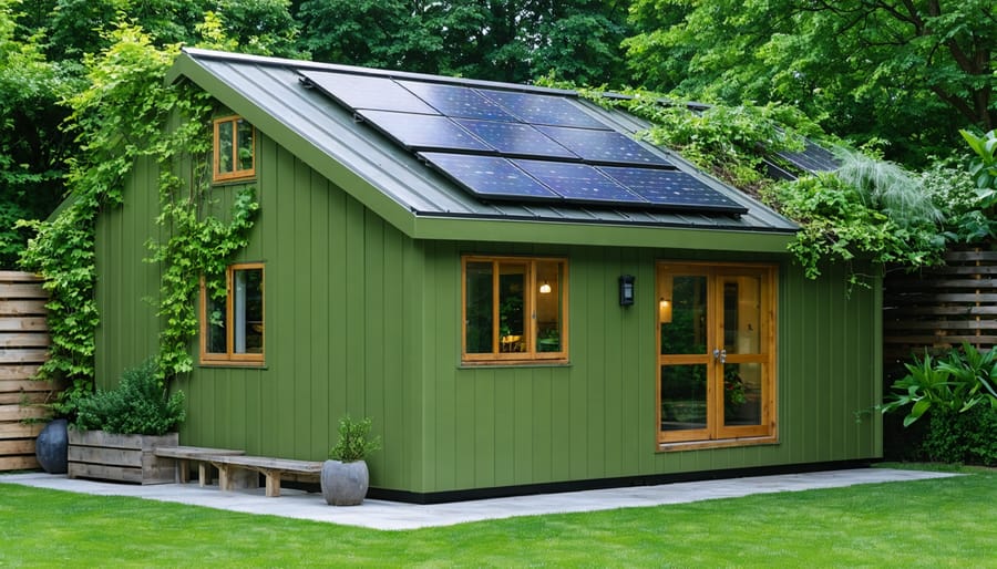 Elegant and modern garden shed made from sustainable materials, showcasing solar panels, large windows for natural lighting, and a rainwater harvesting system, nestled in a verdant garden setting.
