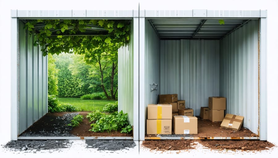Split image of a metal shed showing a comparison between an insulated, dry interior with organized storage and an uninsulated, damp interior with visible water droplets and rust.