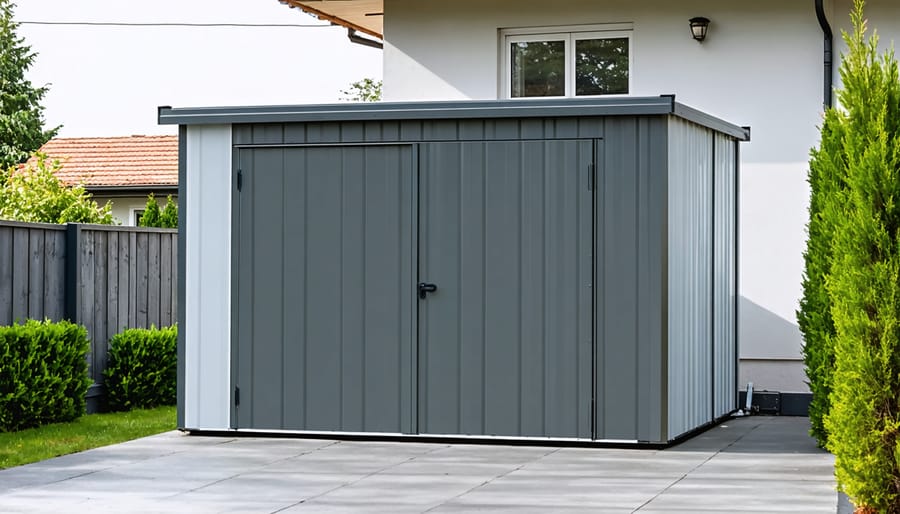 Narrow lean-to storage shed mounted against a residential house wall