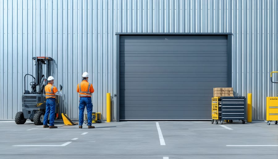 Person performing routine maintenance tasks on a metal shed including inspection and cleaning