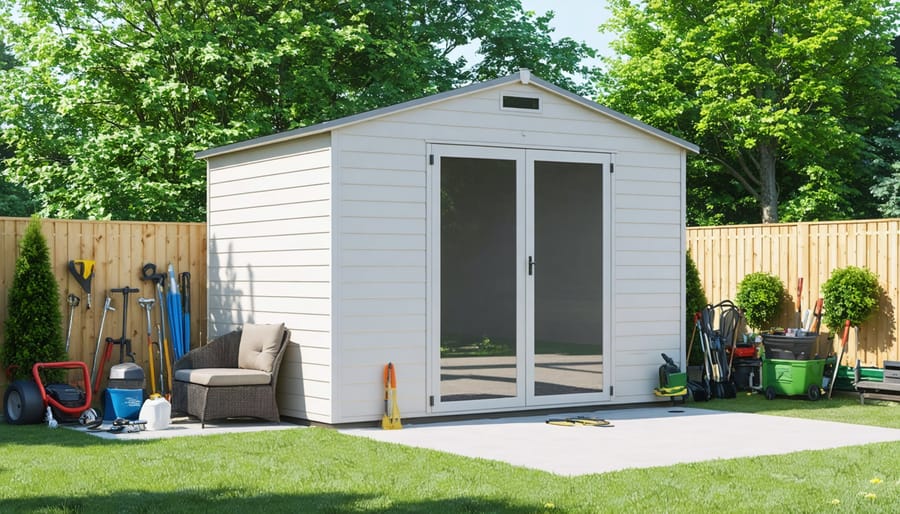 Large beige vinyl storage shed with double doors and windows, situated in a residential garden surrounded by greenery and outdoor furniture, illustrating its weather resistance and storage capability.