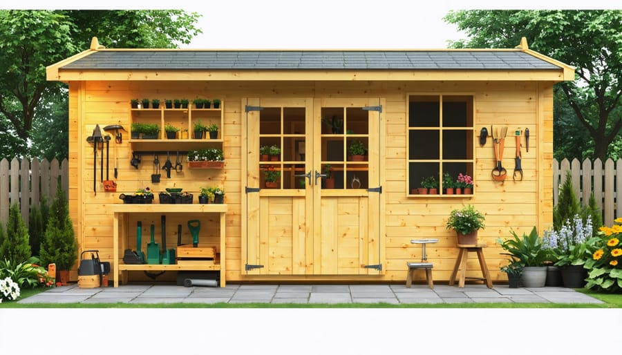 Conceptual depiction of a multi-purpose wooden garden shed, featuring a workshop, decorative garden elements, and a greenhouse, set within a lush garden landscape.