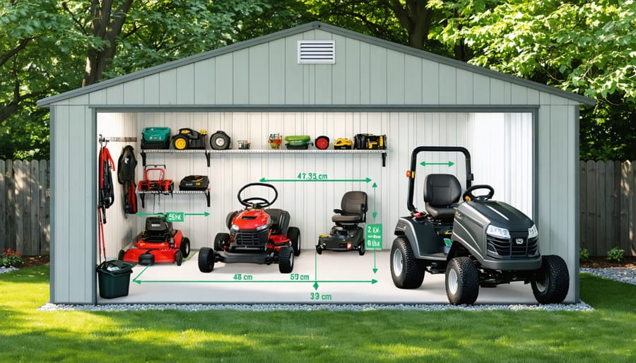 Illustration of a garden shed demonstrating optimal storage setup for a riding mower with labeled dimensions and different mower types, emphasizing space for tools and equipment.