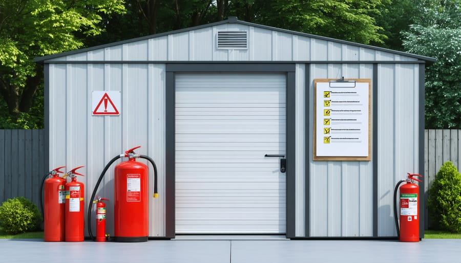 A modern storage shed with clearly marked emergency exits, safety signs, and a visible OSHA compliance checklist, emphasizing emergency preparedness in a suburban setting.