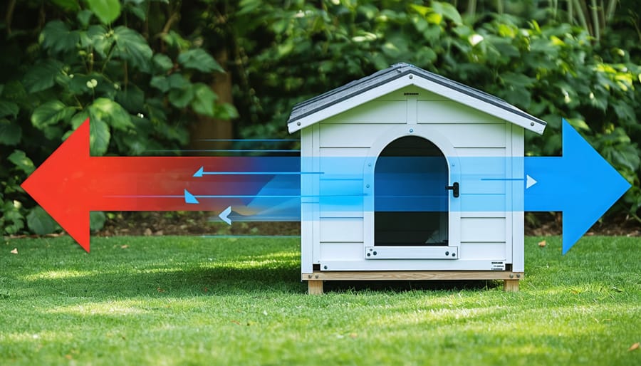 Conceptual image depicting airflow patterns through a modern outdoor pet house, showcasing effective ventilation with arrows indicating air movement.
