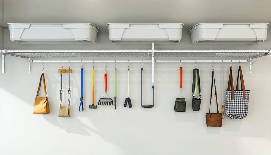 Ceiling storage installation in shed featuring mounted racks and pulley system for accessibility