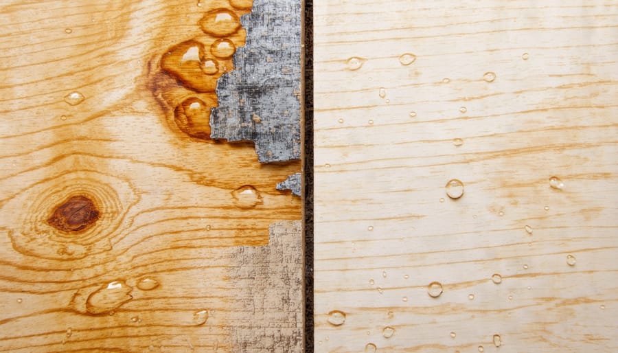 Split view comparing water-damaged plywood with warped and moldy appearance against properly waterproofed plywood with a smooth, glossy finish and water beading on the surface.