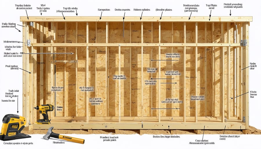 A detailed illustration of a shed wall framing diagram with labeled components and carpentry tools, highlighting precision and craftsmanship in construction.