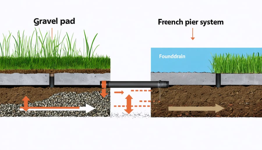 Illustration depicting two types of shed foundations suitable for wet ground, showing gravel pad with French drain and concrete pier foundation, including drainage paths and moisture barriers.
