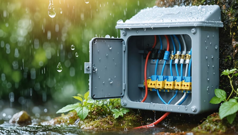Illustration of a weatherproof junction box in an outdoor setting, demonstrating its protective capabilities against moisture, dust, and environmental elements.
