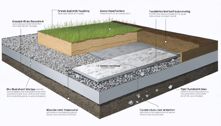 Conceptual illustration of a shed foundation showing layers of gravel, vapor barrier, and reinforced concrete for effective waterproofing and stability.