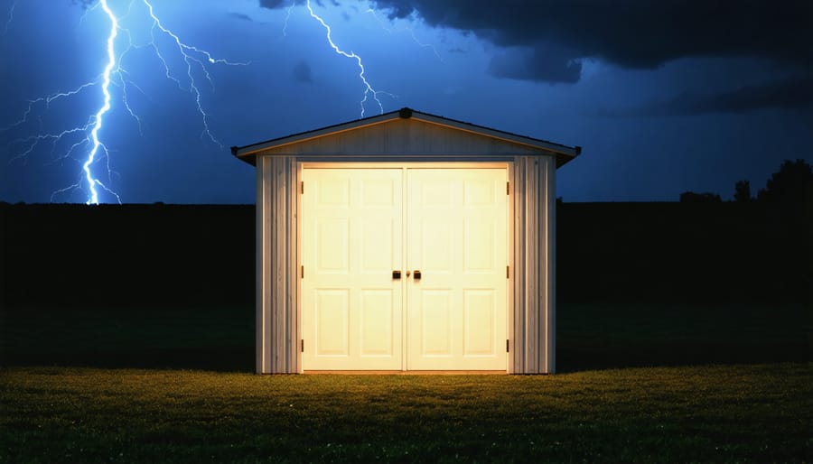 An illuminated shed with security cameras and motion-sensor lights during a stormy night, highlighting the importance of an emergency backup power system.