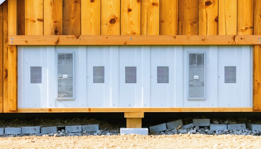 Side view illustration of a wooden shed demonstrating proper underfloor ventilation, with foundation vents and airflow patterns shown to prevent moisture accumulation.