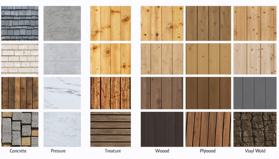 Side-by-side comparison of common shed flooring materials showing texture and appearance
