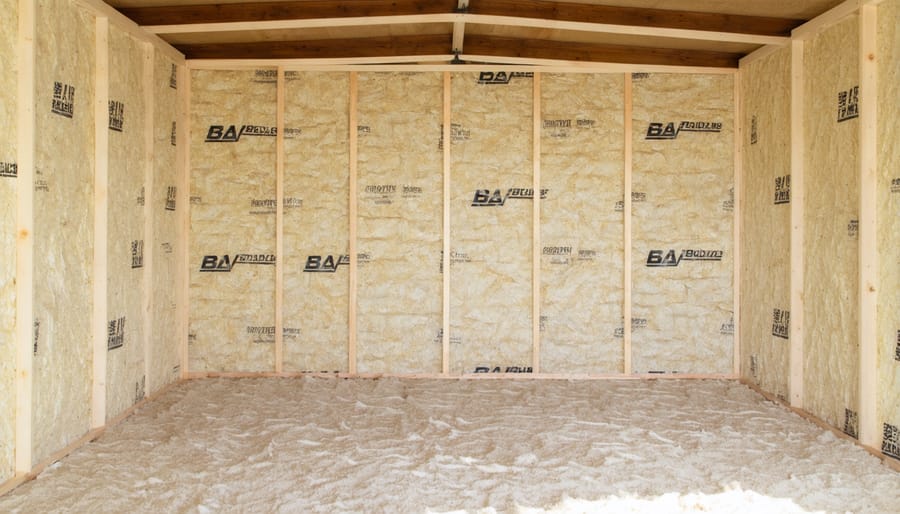 Step-by-step demonstration of installing insulation in shed walls with vapor barrier