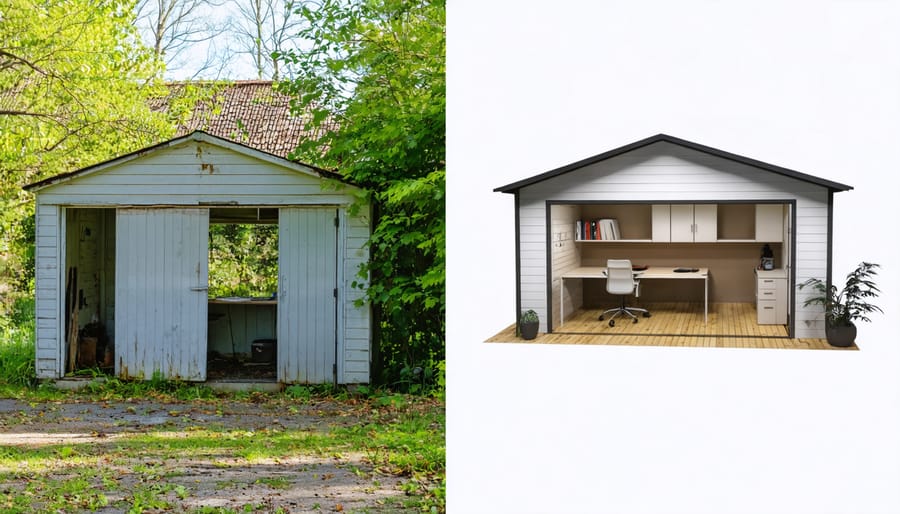 Split image comparing an old weathered shed with its renovation into a stylish home office space