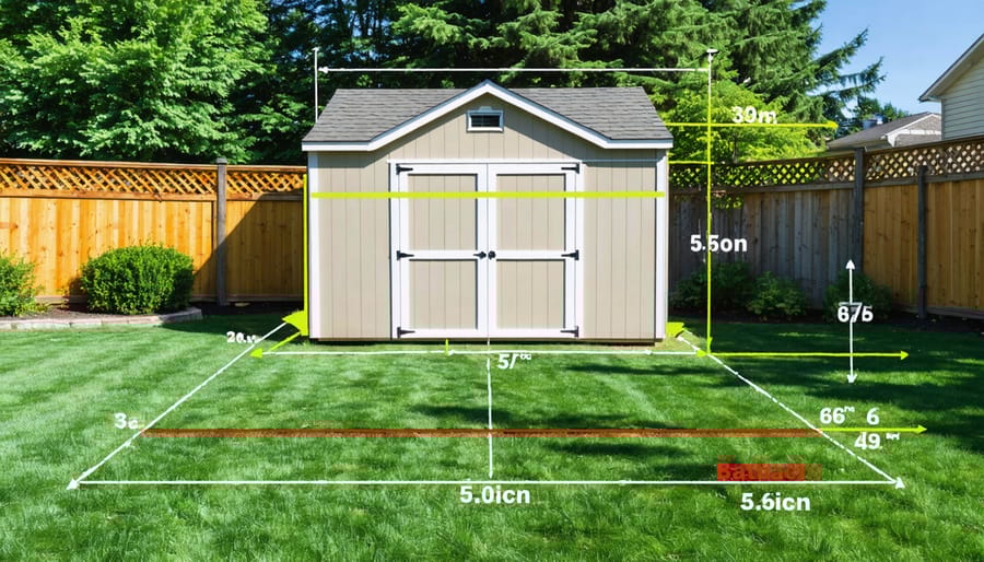 Conceptual image of a backyard showing a schematized shed footprint with overlayed grid lines and markings. Highlights include setback distances, zoning lines, and height restrictions adhering to local regulation requirements for shed construction.