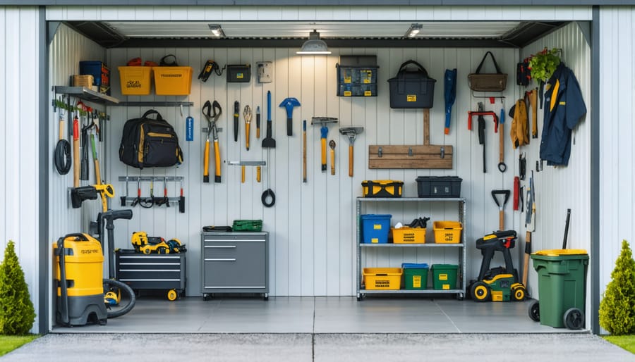 Organized shed interior with clearly marked active, passive, and seasonal storage zones