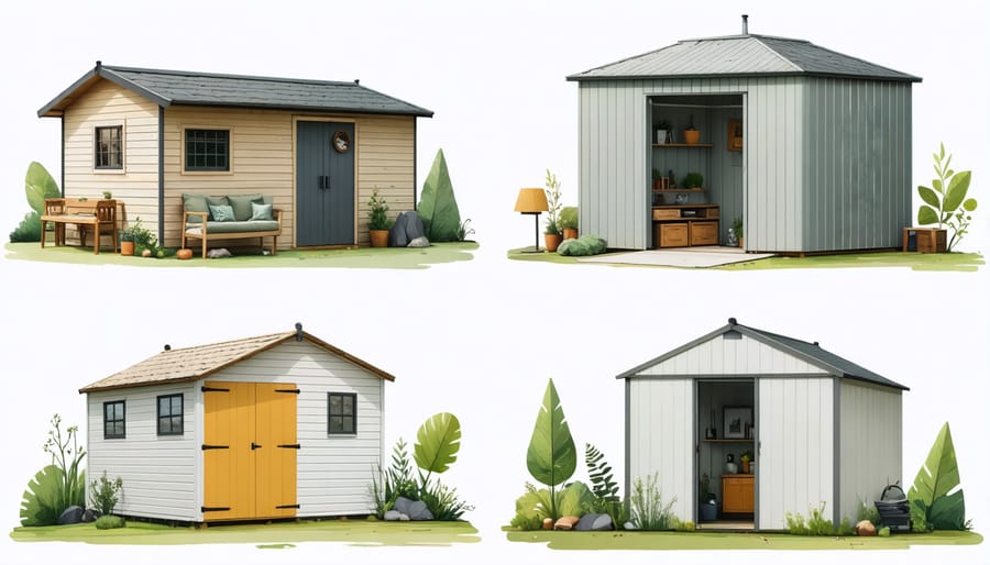 Four-panel image showing transformed sheds as office, garden room, workshop, and playhouse