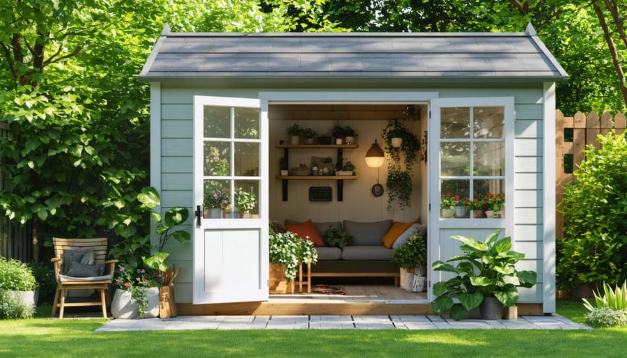 A partially renovated garden shed showcasing a cozy interior with a seating area and flourishing plants, illuminated by sunlight from newly-installed windows.