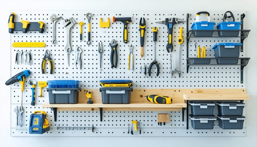 Organized shed wall with pegboard storage system displaying neatly arranged tools and adjustable shelving