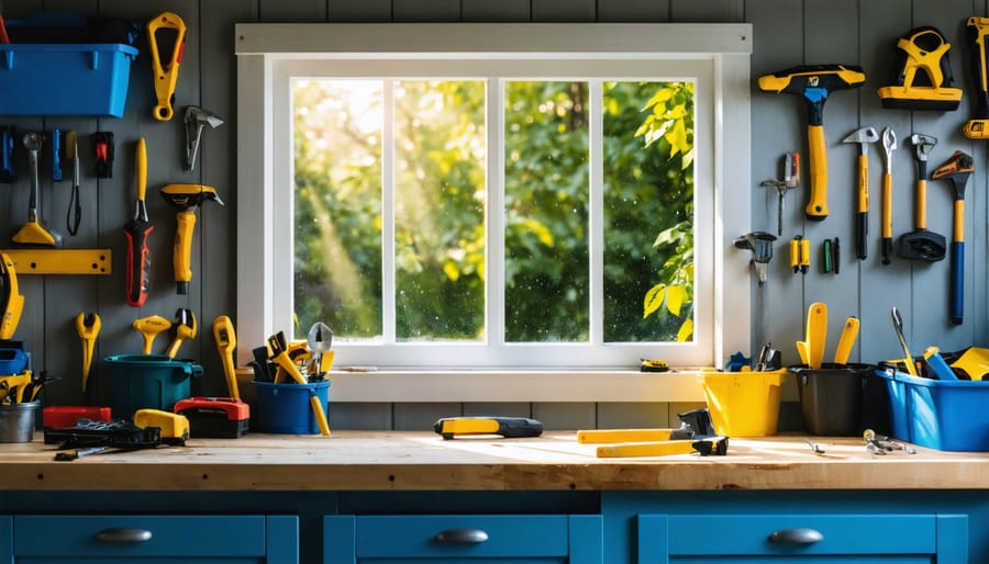 Bright, organized interior of a shed with a newly installed window bringing in sunlight, revealing orderly tools and materials on a workbench, exemplifying the enhanced functionality and transformation of the space.