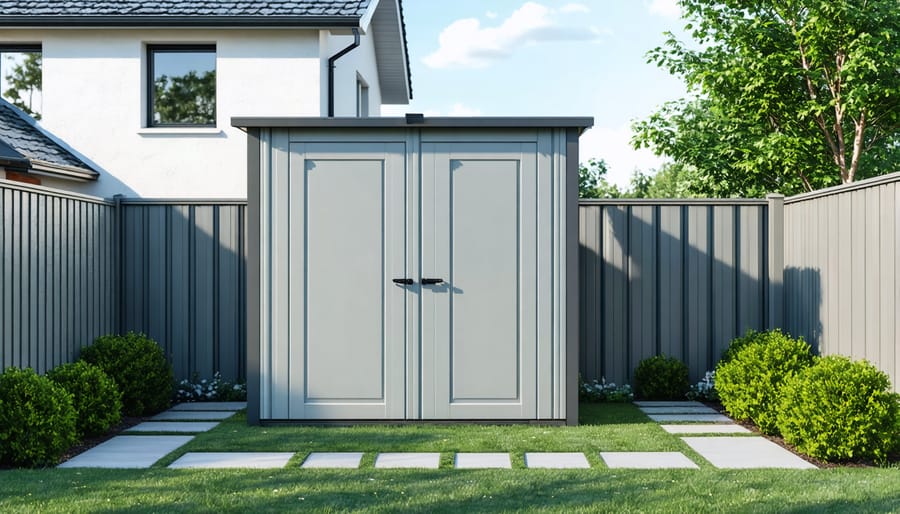 Narrow storage shed fitted perfectly in a tight side yard space