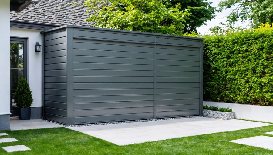 "Contemporary narrow storage shed seamlessly integrated into a modern backyard, highlighting its slim design and space-efficiency against house."
