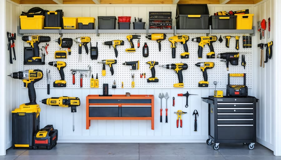 A well-organized shed interior displaying DIY storage solutions featuring mounted pegboards, a power tool charging station, overhead racks, and labeled shelves, all designed to keep tools rust-free and efficiently stored.