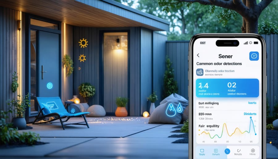 A stylish storage shed with integrated smart odor sensors, showcasing real-time detection of mold and chemical fumes, connected to a smartphone displaying alert notifications.