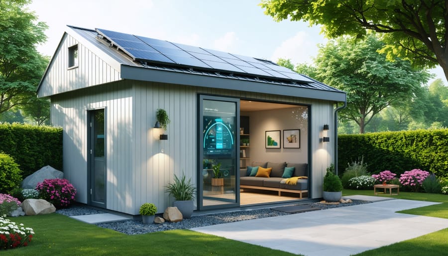 Modern garden shed with solar panels and smart energy monitoring system visible through a window, illustrating sustainable energy integration.