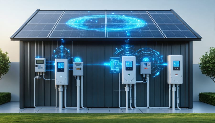 A modern storage shed equipped with Xcel Energy smart meters, displaying digital readouts and wireless connectivity signals, highlighting advanced energy management technology.