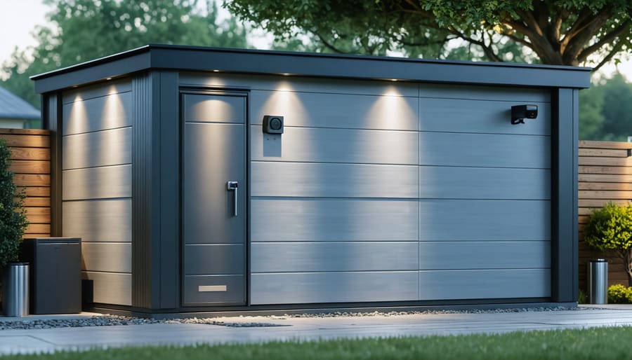 A modern shed at dusk with a smart lock, surveillance cameras, and motion sensors, showcasing advanced high-tech security features.