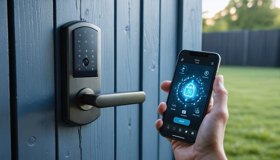 Illustration of a smart lock installed on a wooden shed door, with a smartphone displaying a security app interface, symbolizing modern security technology and connectivity for outdoor spaces.