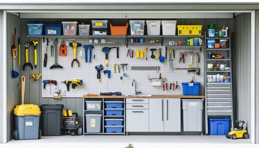 Before and after view of a shed transformed from cluttered to organized, featuring vertical shelves, pegboards with tools, labeled clear bins, and overhead racks.