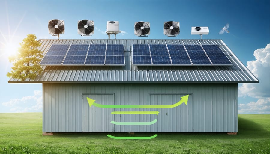 Conceptual illustration of a shed showcasing ridge vents, soffit vents, and solar-powered fans demonstrating effective ventilation.
