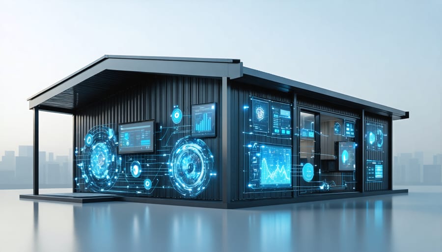 A modern shed with a sophisticated water management system, featuring smart sensors and mobile devices displaying water usage data, illustrating the integration of technology for enhanced water efficiency.