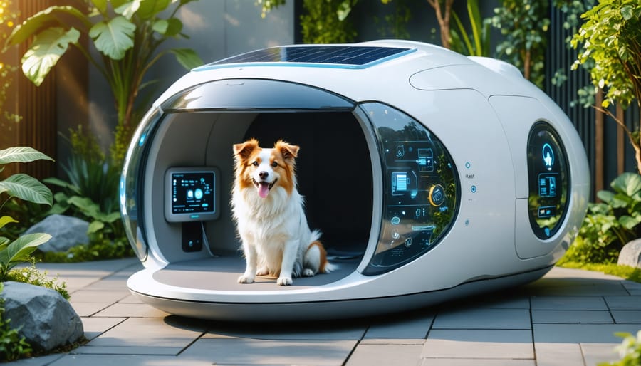 A futuristic dog house equipped with solar panels, showcasing advanced AI climate control systems, providing a cool retreat for a dog on a sunny day.