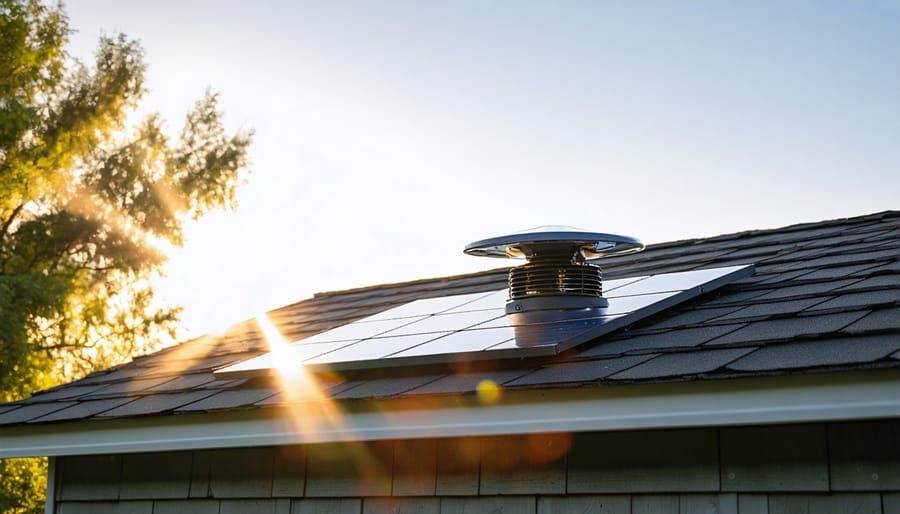 "A solar exhaust fan on a shed roof bathed in sunlight, illustrating its role in enhancing ventilation and comfort inside the shed."