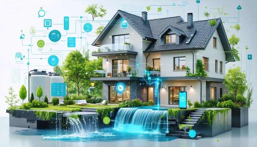 Illustration of an advanced rainwater management system featuring modern components such as gutters, storage tanks, and smart sensors, with a mobile device showing system control capabilities.