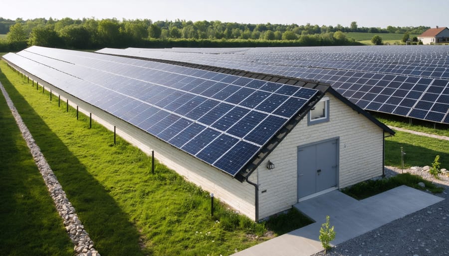 Illustration of a residential shed powered by solar panels, connected visually to a large-scale solar farm, representing the adaptation of commercial solar technology for home use.