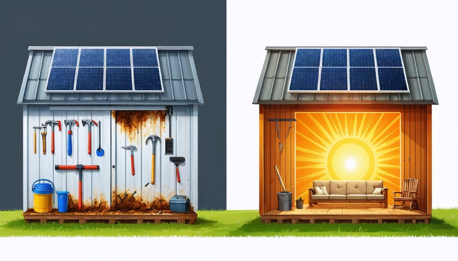 Side-by-side illustration of an unheated shed with visible moisture damage contrasted with a solar-heated shed preserving tools and furniture in good condition.