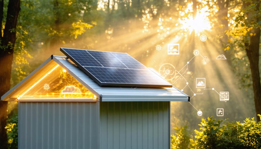 Conceptual illustration showing a solar panel and vent fan on a shed roof using sun energy to circulate cool air, emphasizing sustainable storage solutions.