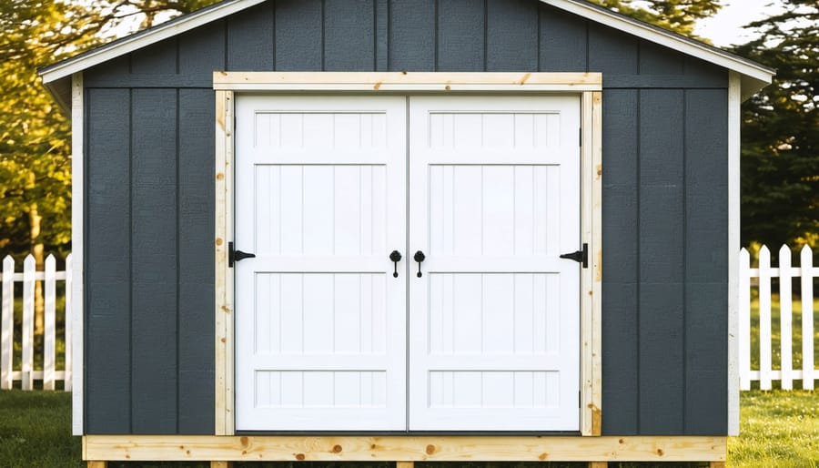 Conceptual illustration of a robust shed door frame, highlighting essential construction components such as double jack studs, a double header, and pressure-treated lumber for threshold reinforcement.