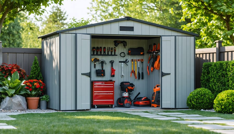 A well-constructed tool shed with weather-resistant materials and organized interior displays proper storage and climate control features.