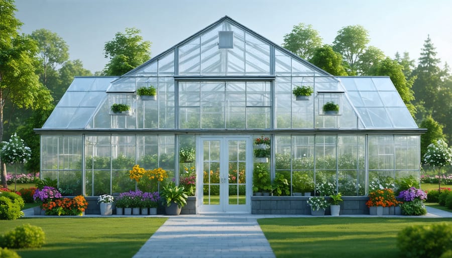 Modern 3 season greenhouse with partially opened roof vents and retractable shade covering