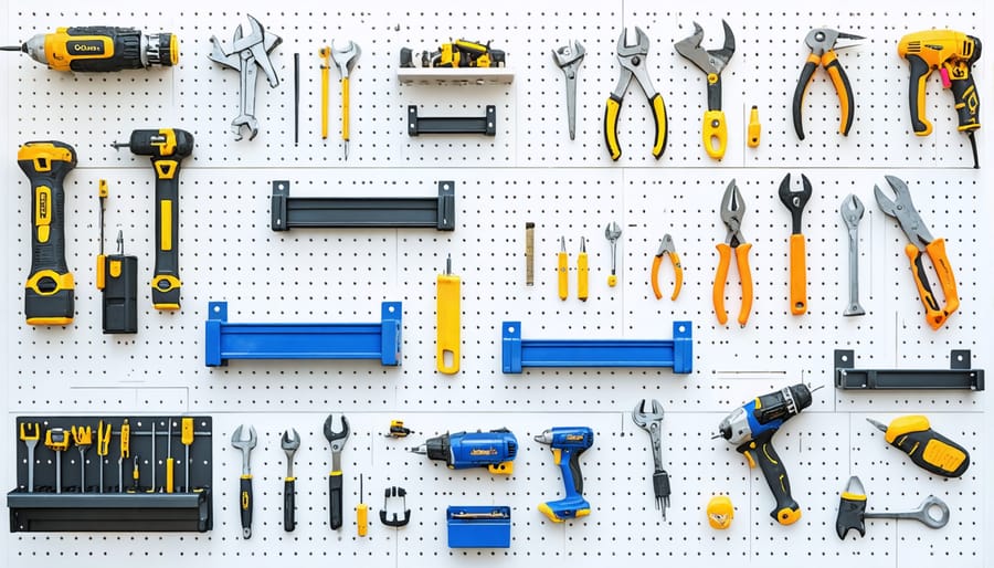 Different types of tool organization systems including wall-mounted pegboards and specialized tool holders